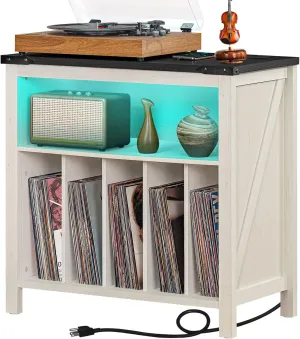 Large Record Player Stand with Charging Station & LED Lights, White Vinyl Record Storage Table Holds up to 230 Albums, Turntable Stand with Display Shelf for Music Room Bedroom Living Room