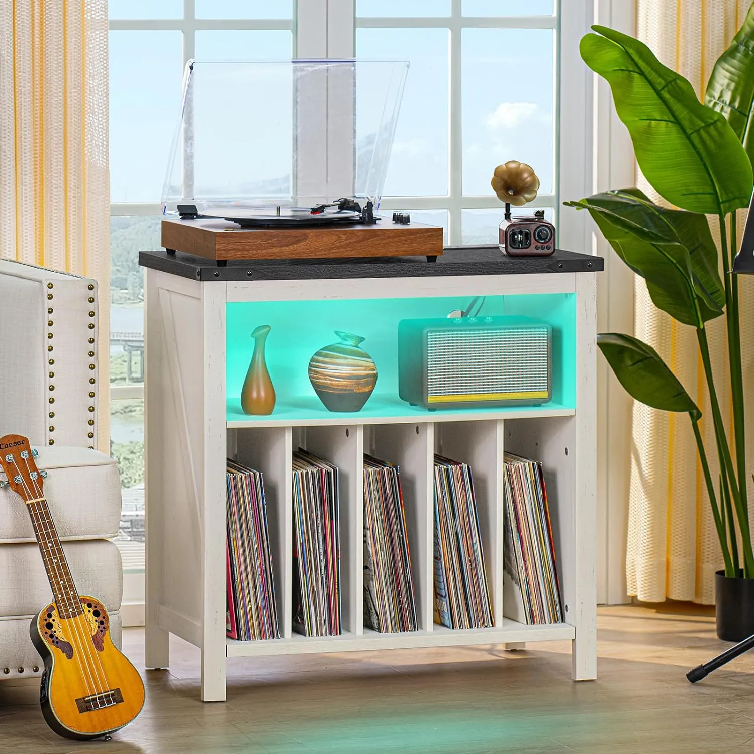 Large Record Player Stand with Charging Station & LED Lights, White Vinyl Record Storage Table Holds up to 230 Albums, Turntable Stand with Display Shelf for Music Room Bedroom Living Room