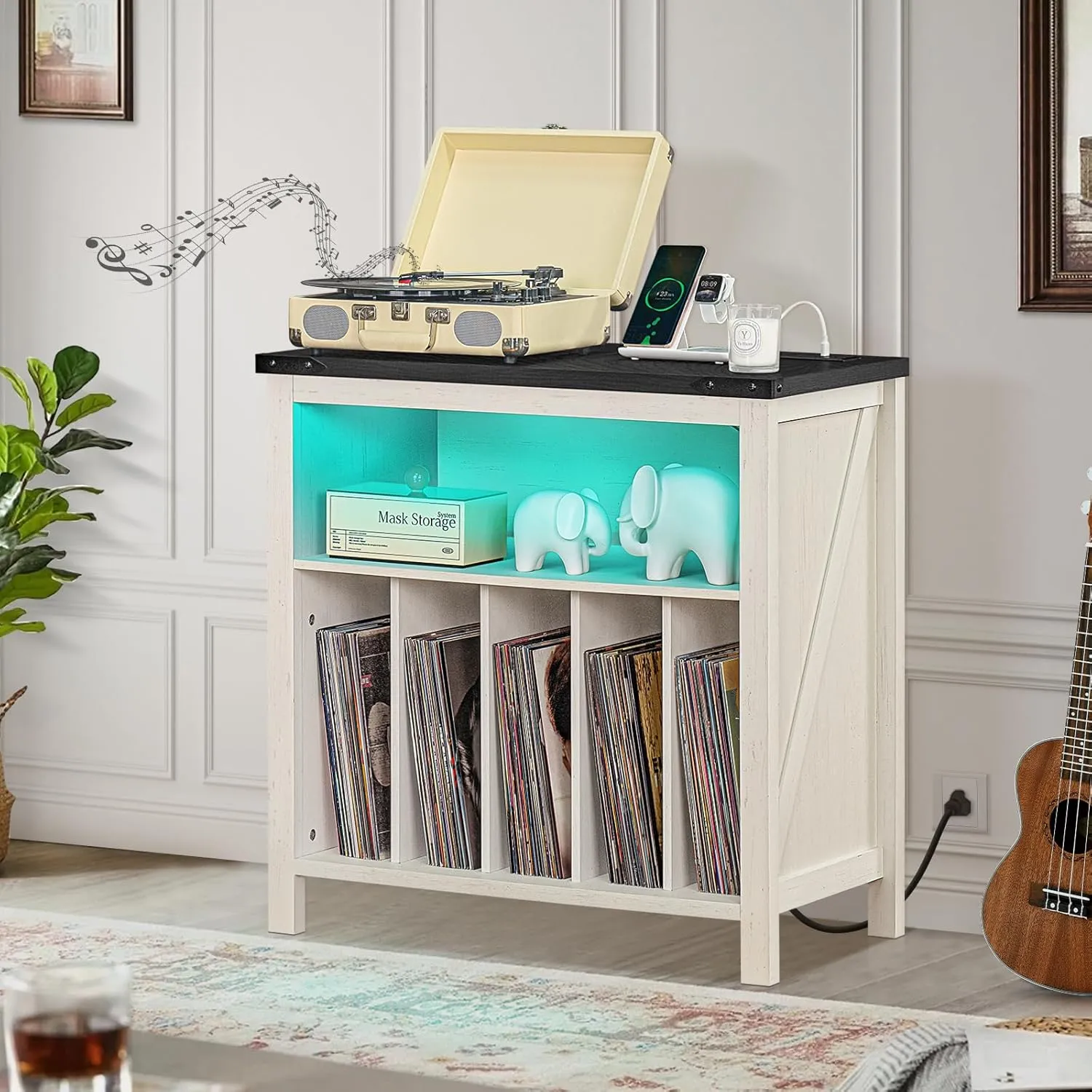 Large Record Player Stand with Charging Station & LED Lights, White Vinyl Record Storage Table Holds up to 230 Albums, Turntable Stand with Display Shelf for Music Room Bedroom Living Room