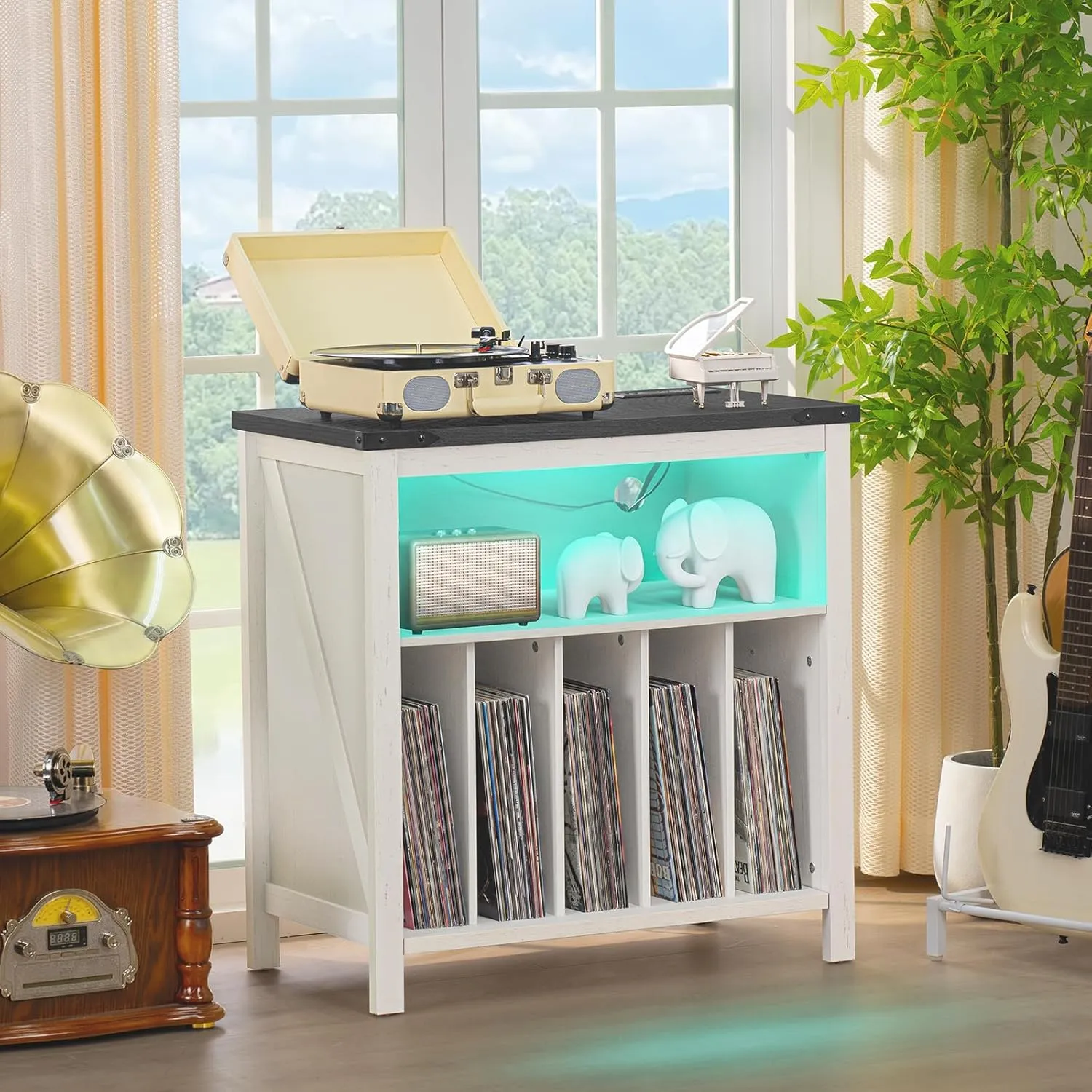 Large Record Player Stand with Charging Station & LED Lights, White Vinyl Record Storage Table Holds up to 230 Albums, Turntable Stand with Display Shelf for Music Room Bedroom Living Room