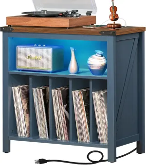 Large Record Player Table with Charging Station & LED Lights, Blue Vinyl Record Storage Cabinet Holds up to 230 Albums, Turntable Stand with Display Shelf for Music Room Bedroom Living Room