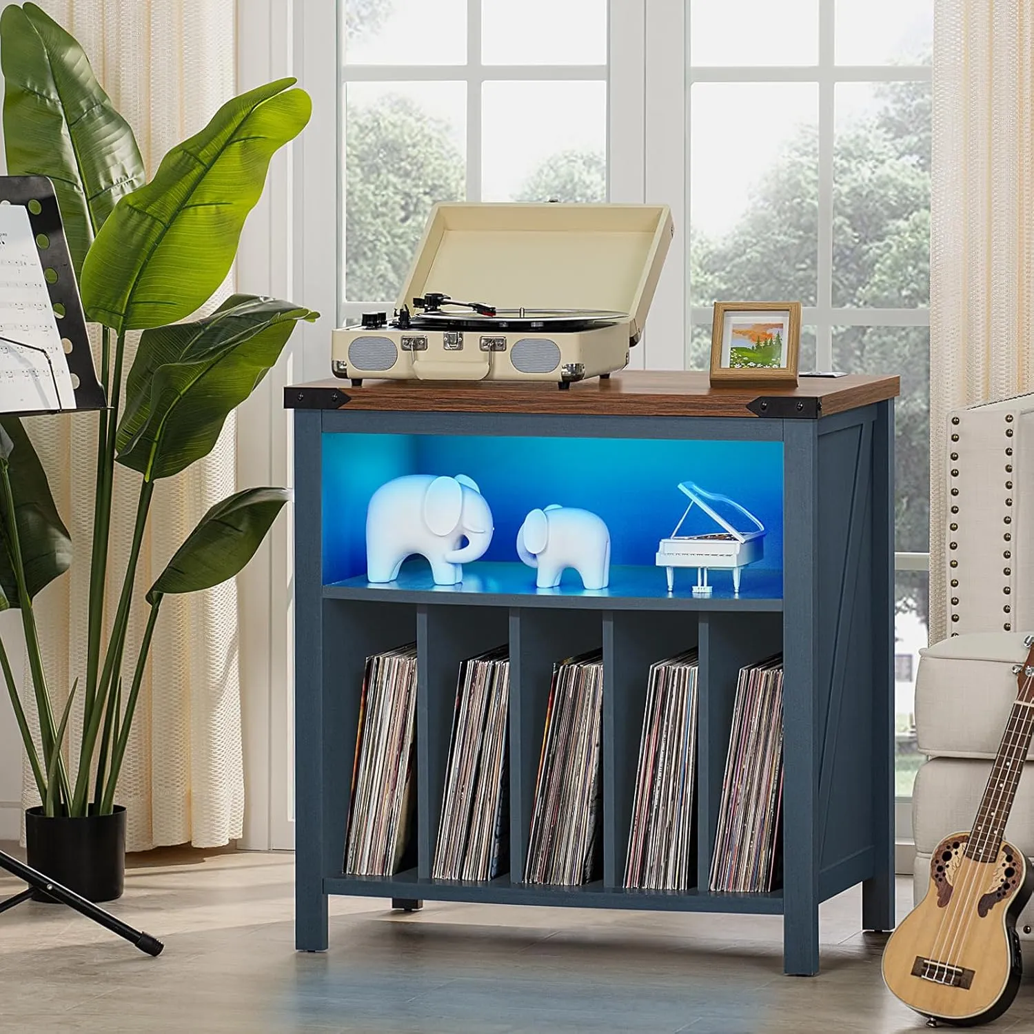 Large Record Player Table with Charging Station & LED Lights, Blue Vinyl Record Storage Cabinet Holds up to 230 Albums, Turntable Stand with Display Shelf for Music Room Bedroom Living Room