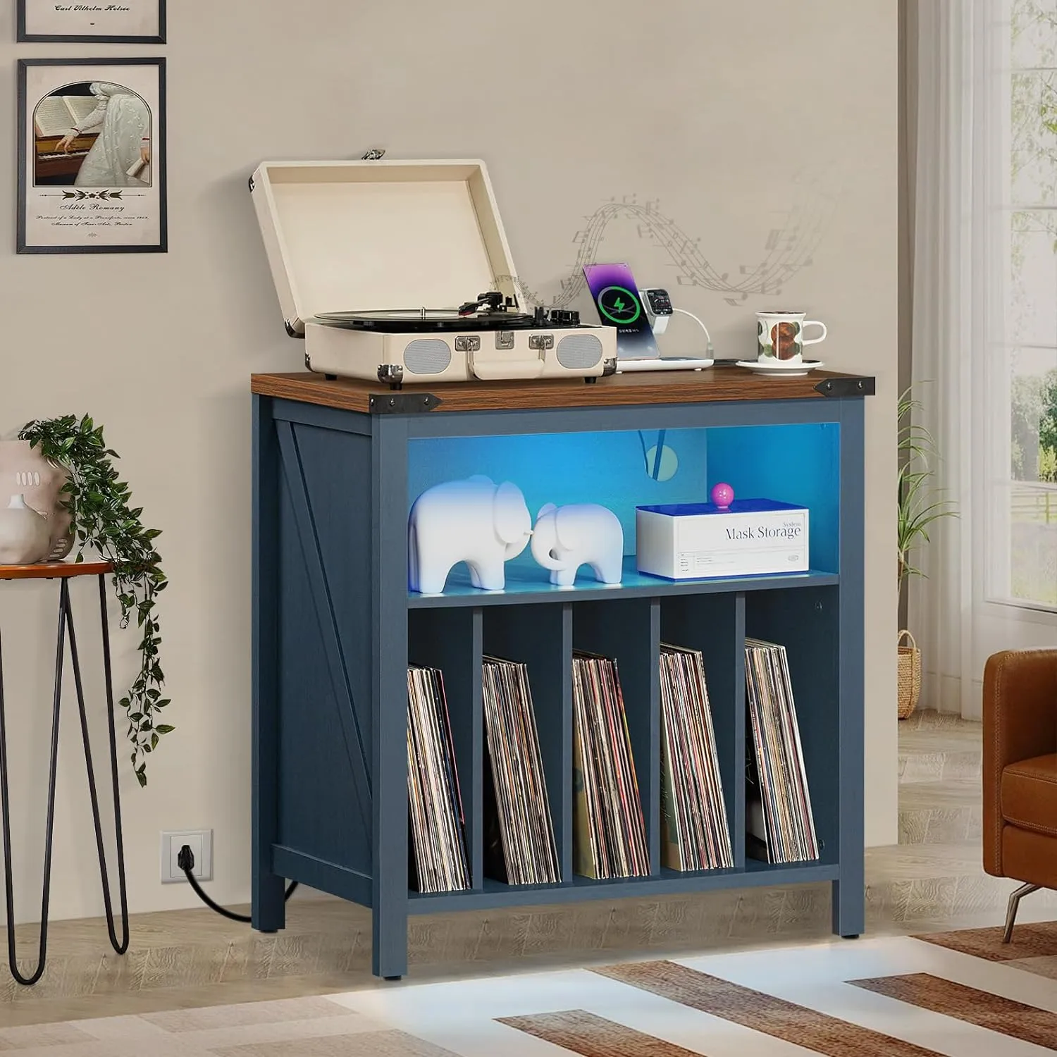Large Record Player Table with Charging Station & LED Lights, Blue Vinyl Record Storage Cabinet Holds up to 230 Albums, Turntable Stand with Display Shelf for Music Room Bedroom Living Room