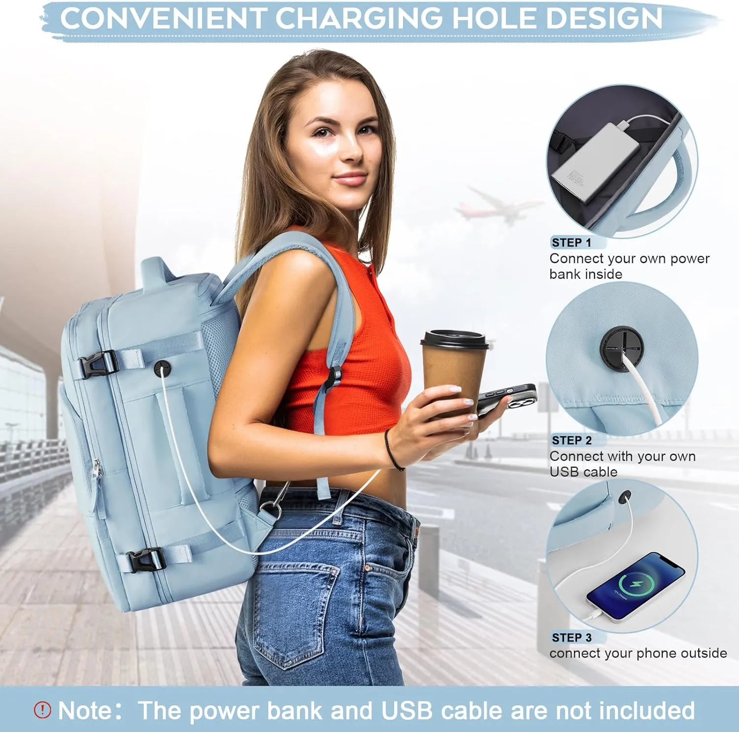 Large Travel Backpack Women, Carry On Bags For Airplanes, Lightweight Personal Item Bag, Laptop Backpack, Casual Work Gym College Weekender Bag, Light blue