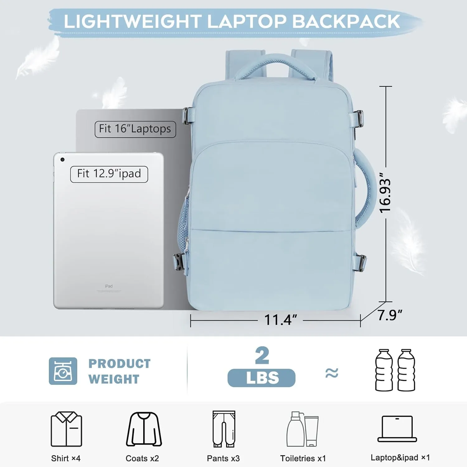 Large Travel Backpack Women, Carry On Bags For Airplanes, Lightweight Personal Item Bag, Laptop Backpack, Casual Work Gym College Weekender Bag, Light blue