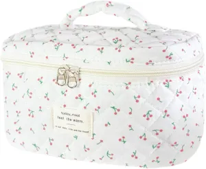 Large Travel Quilted Makeup Bag for Women, Floral Cotton Cosmetic Bag Cute Coquette Aesthetic Floral Toiletry Organizer Bag for Girls Little Cherry Cosmetic Zipper Storage Bag