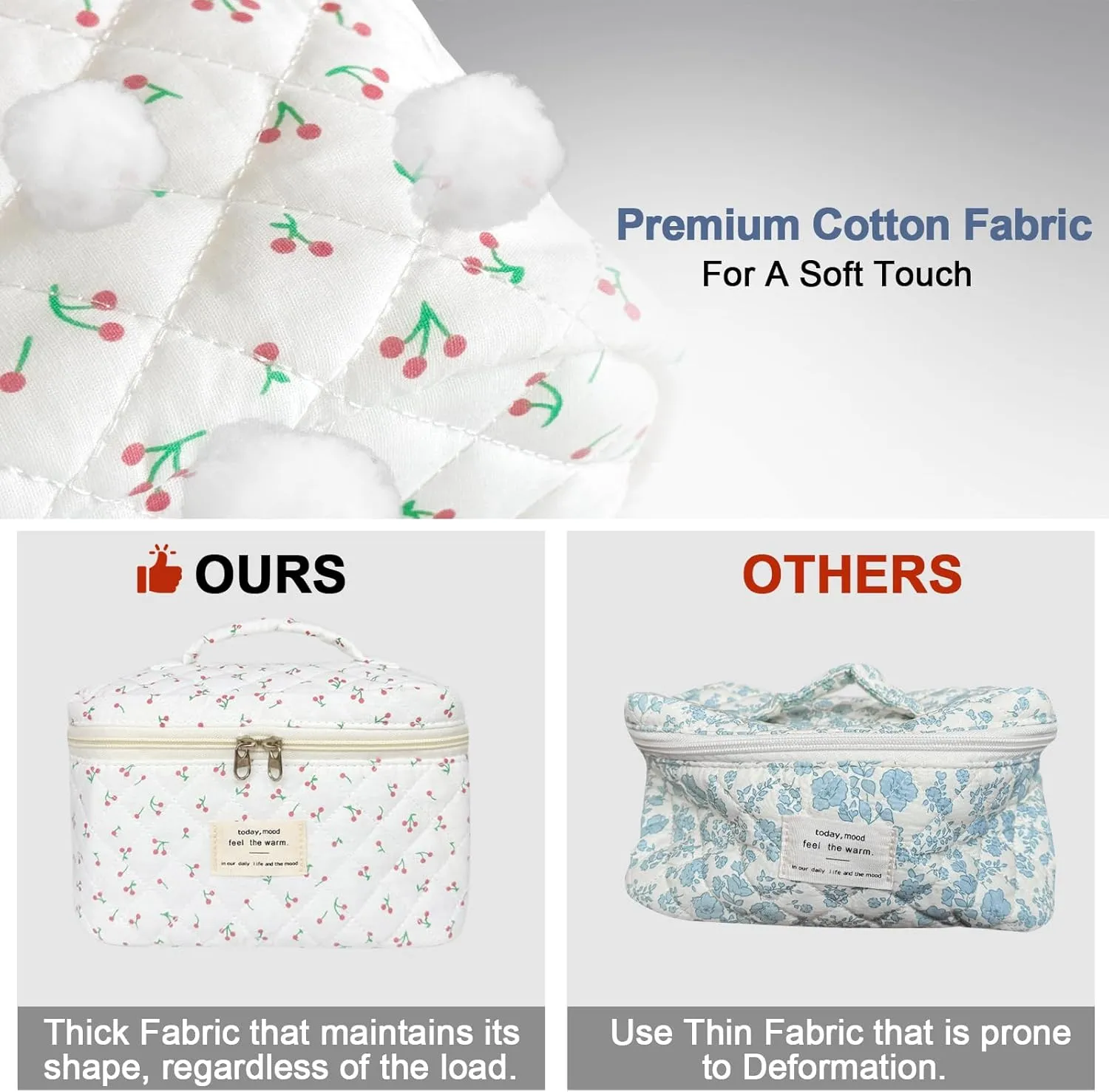 Large Travel Quilted Makeup Bag for Women, Floral Cotton Cosmetic Bag Cute Coquette Aesthetic Floral Toiletry Organizer Bag for Girls Little Cherry Cosmetic Zipper Storage Bag