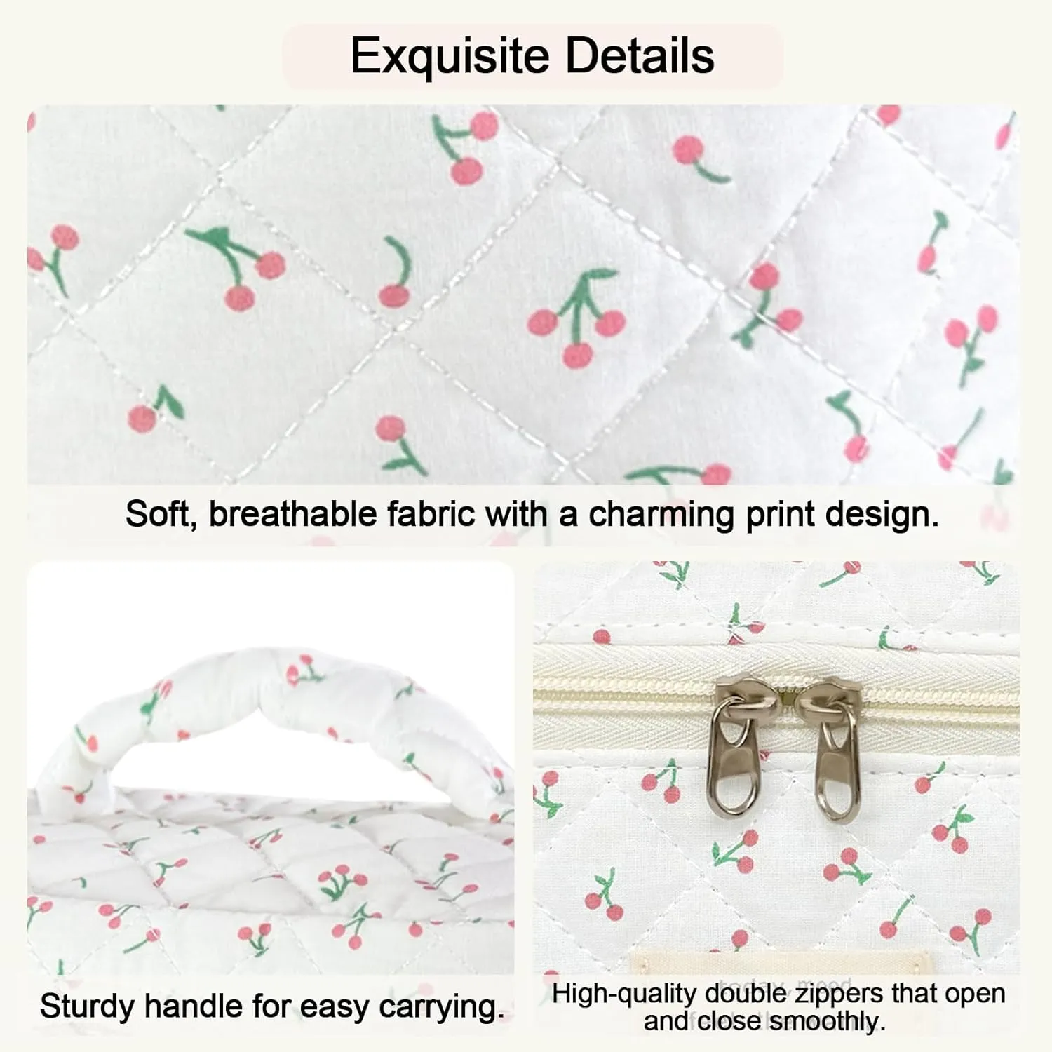Large Travel Quilted Makeup Bag for Women, Floral Cotton Cosmetic Bag Cute Coquette Aesthetic Floral Toiletry Organizer Bag for Girls Little Cherry Cosmetic Zipper Storage Bag