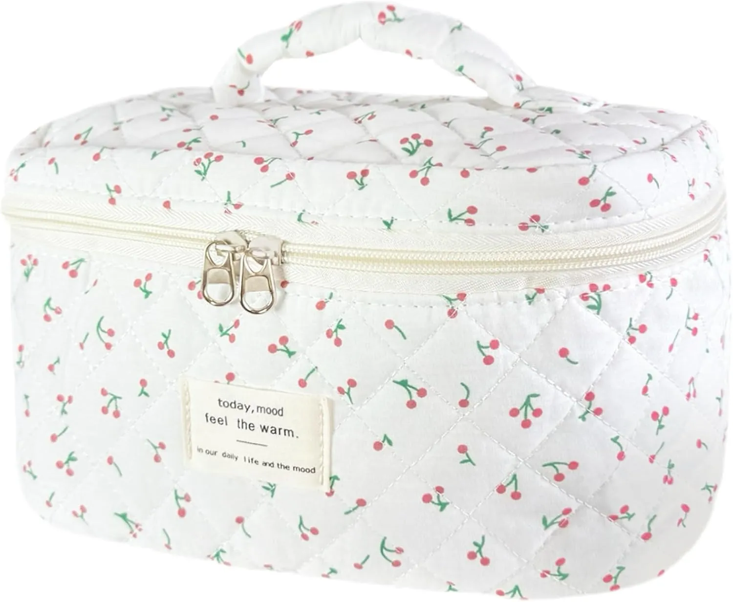 Large Travel Quilted Makeup Bag for Women, Floral Cotton Cosmetic Bag Cute Coquette Aesthetic Floral Toiletry Organizer Bag for Girls Little Cherry Cosmetic Zipper Storage Bag