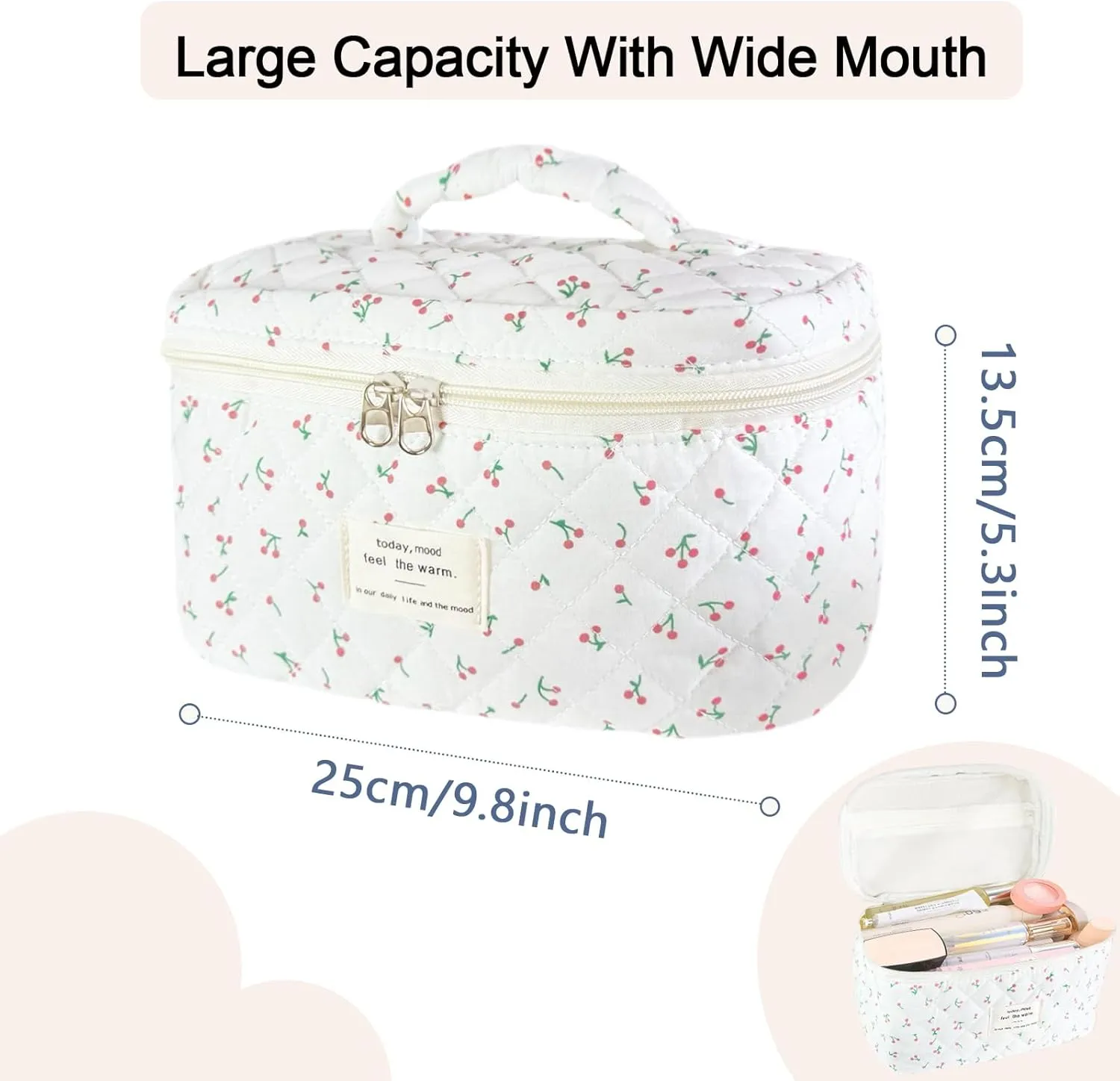Large Travel Quilted Makeup Bag for Women, Floral Cotton Cosmetic Bag Cute Coquette Aesthetic Floral Toiletry Organizer Bag for Girls Little Cherry Cosmetic Zipper Storage Bag