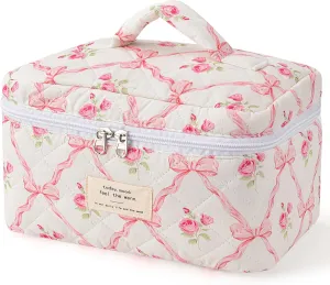 Large Travel Quilted Makeup Bag，Cute Bow Cotton cosmetic bag, Fashionable aesthetic makeup bag,Coquette Aesthetic Floral Travel Toiletry Bag for Women and Girls
