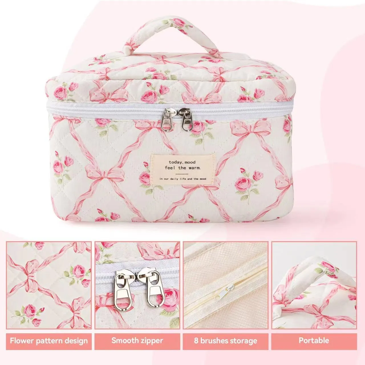 Large Travel Quilted Makeup Bag，Cute Bow Cotton cosmetic bag, Fashionable aesthetic makeup bag,Coquette Aesthetic Floral Travel Toiletry Bag for Women and Girls
