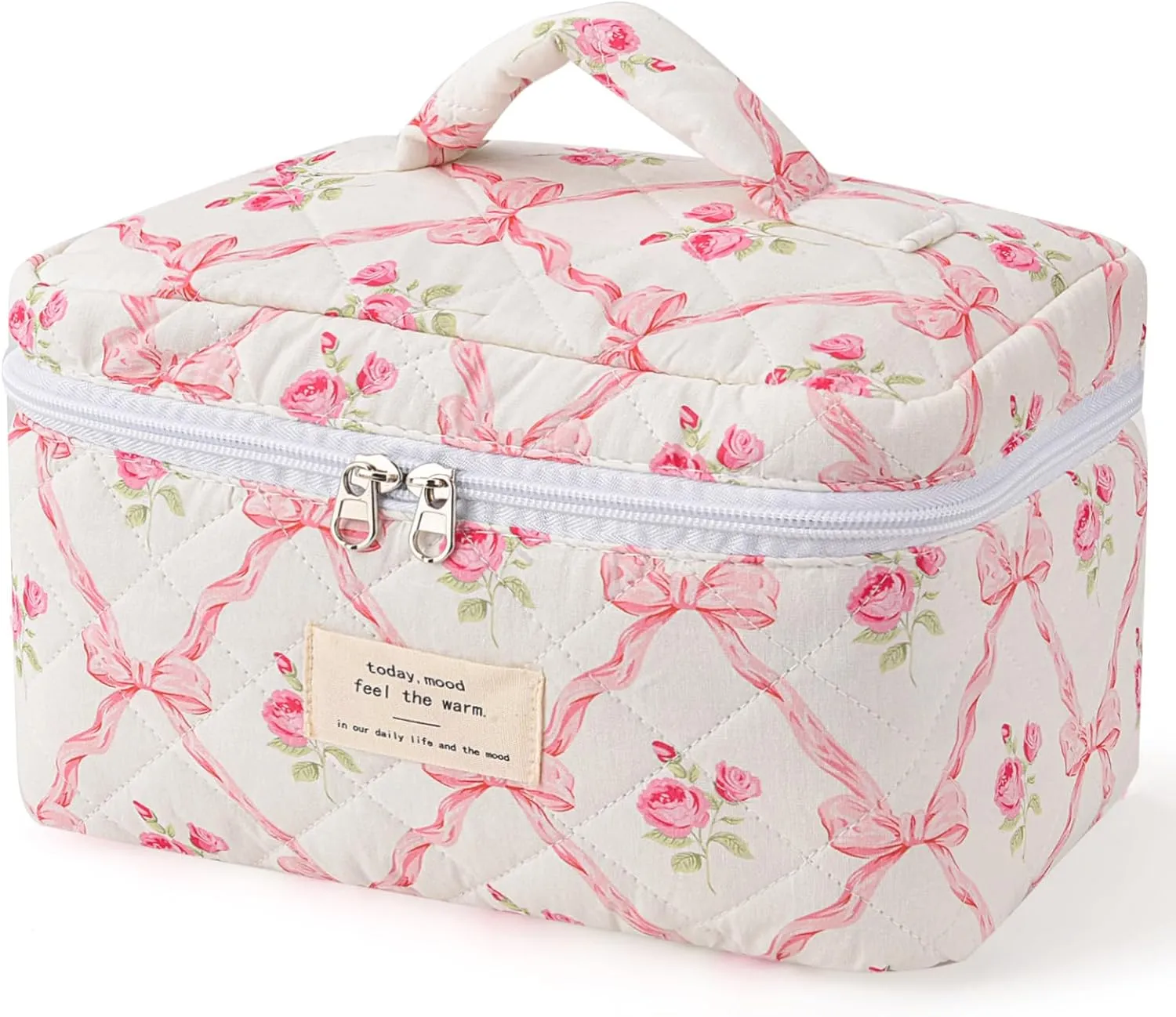 Large Travel Quilted Makeup Bag，Cute Bow Cotton cosmetic bag, Fashionable aesthetic makeup bag,Coquette Aesthetic Floral Travel Toiletry Bag for Women and Girls