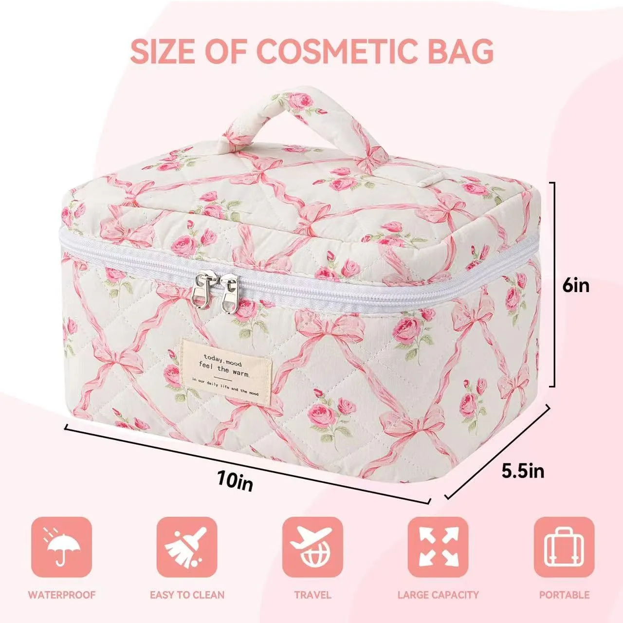 Large Travel Quilted Makeup Bag，Cute Bow Cotton cosmetic bag, Fashionable aesthetic makeup bag,Coquette Aesthetic Floral Travel Toiletry Bag for Women and Girls