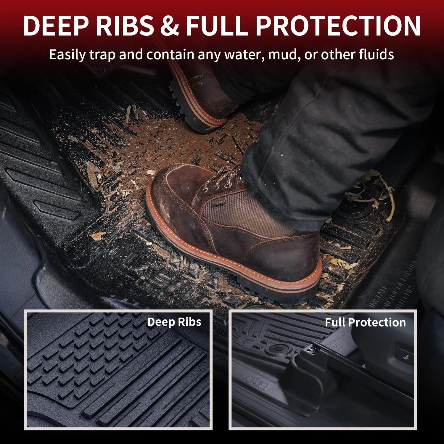 LASFIT Floor Mats for Ram 1500 Quad Cab 2025 Bucket Seat, All Weather TPE Custom Fit Car Mats Floor Liners 1st & 2nd Row, Black