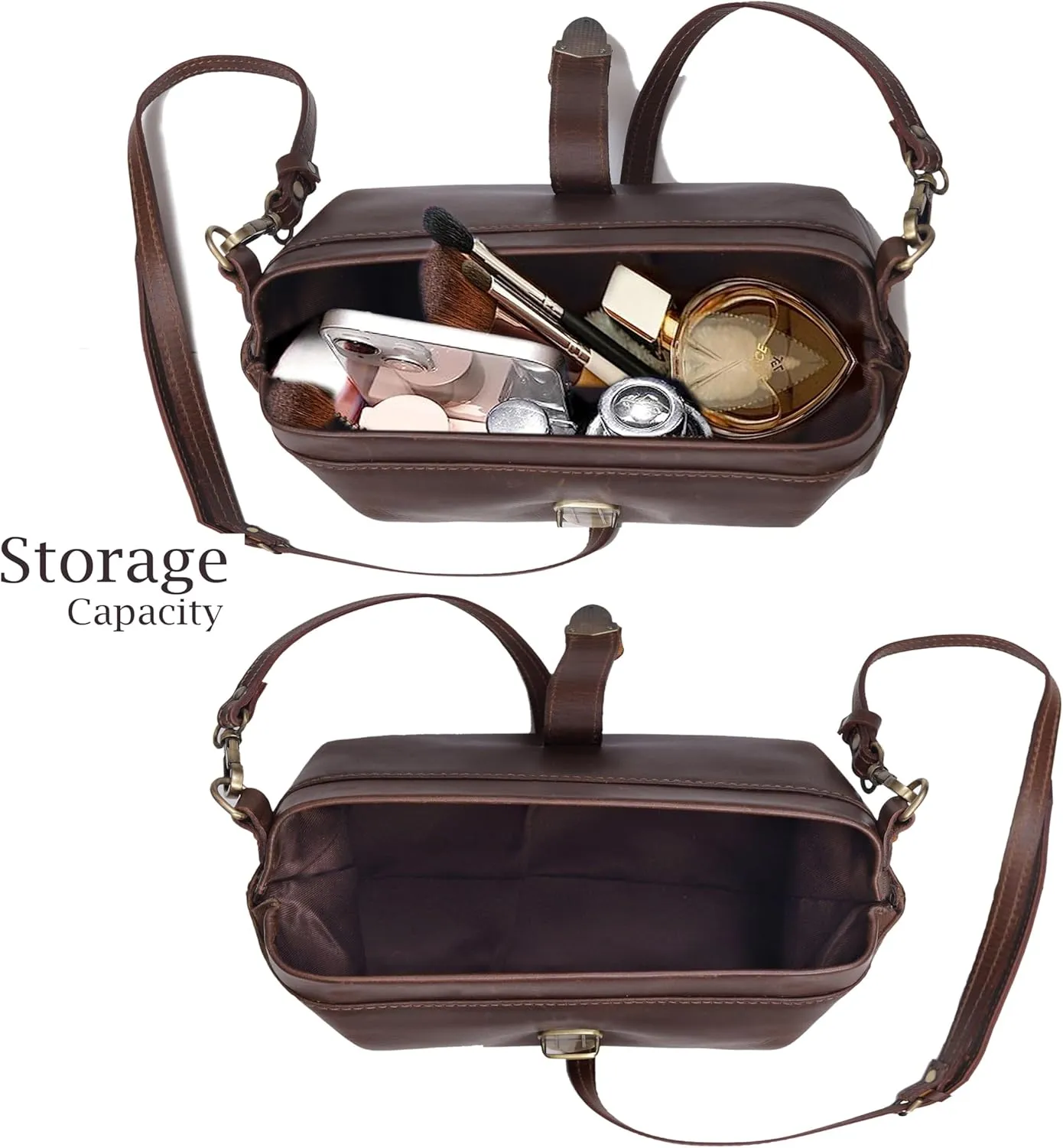 Leather Cosmetic Bag For Women, Large Capacity Cosmetic Travel Pouch, Vanity Bags Makeup Organizer with Handle and Shoulder Strap, Makeup Case for Women (Brown)