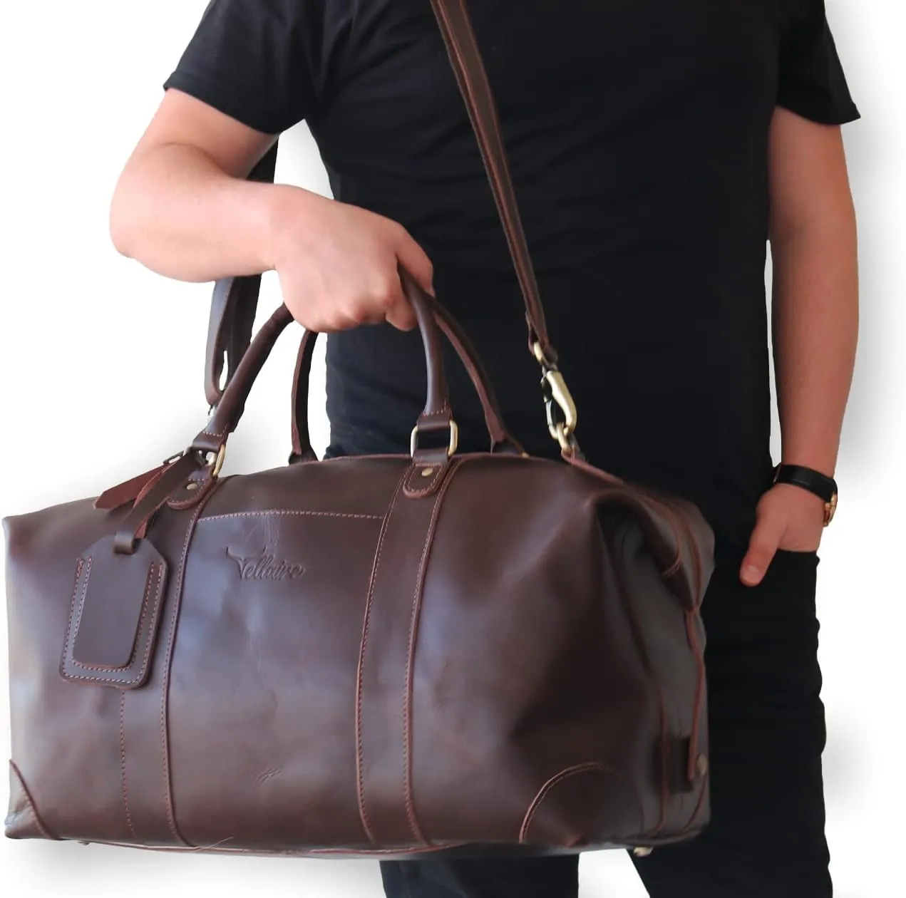 Leather Duffel Bag, Large Size Duffle Handmade Duffel Bag Genuine Leather Travel Weekend Overnight Duffel Bag Gym Sports Carry On Duffle Bag Overnight Bag for Men and Women (Dark Brown)