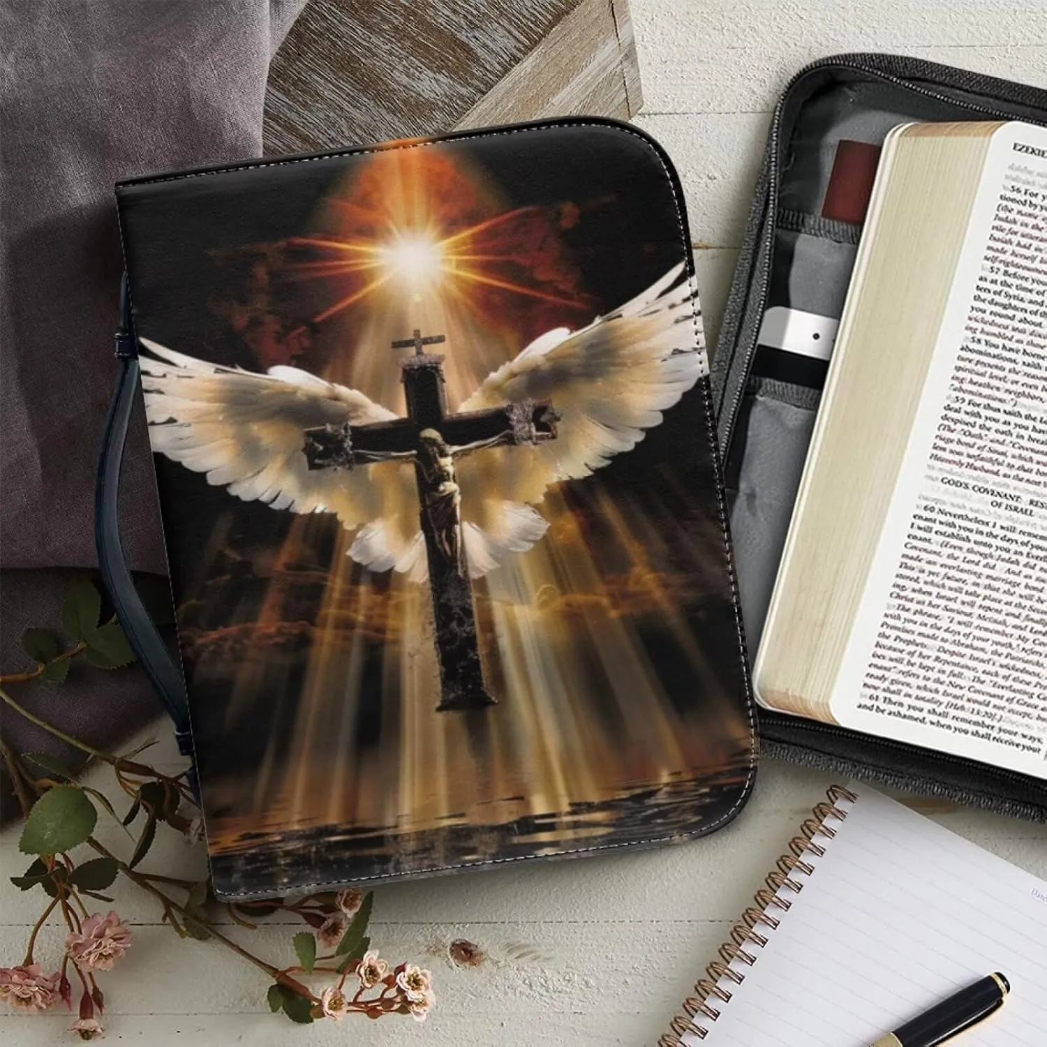 Leather Flower Bible Cover with Cross for Men Floral Bible Case for Boys Small Size with Angel Wings and Crosses Zippered Handle Bible Accessories Church Library Bag