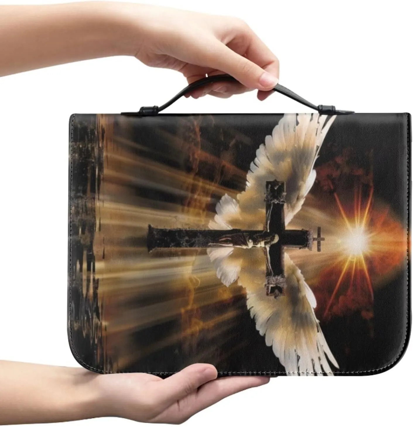 Leather Flower Bible Cover with Cross for Men Floral Bible Case for Boys Small Size with Angel Wings and Crosses Zippered Handle Bible Accessories Church Library Bag