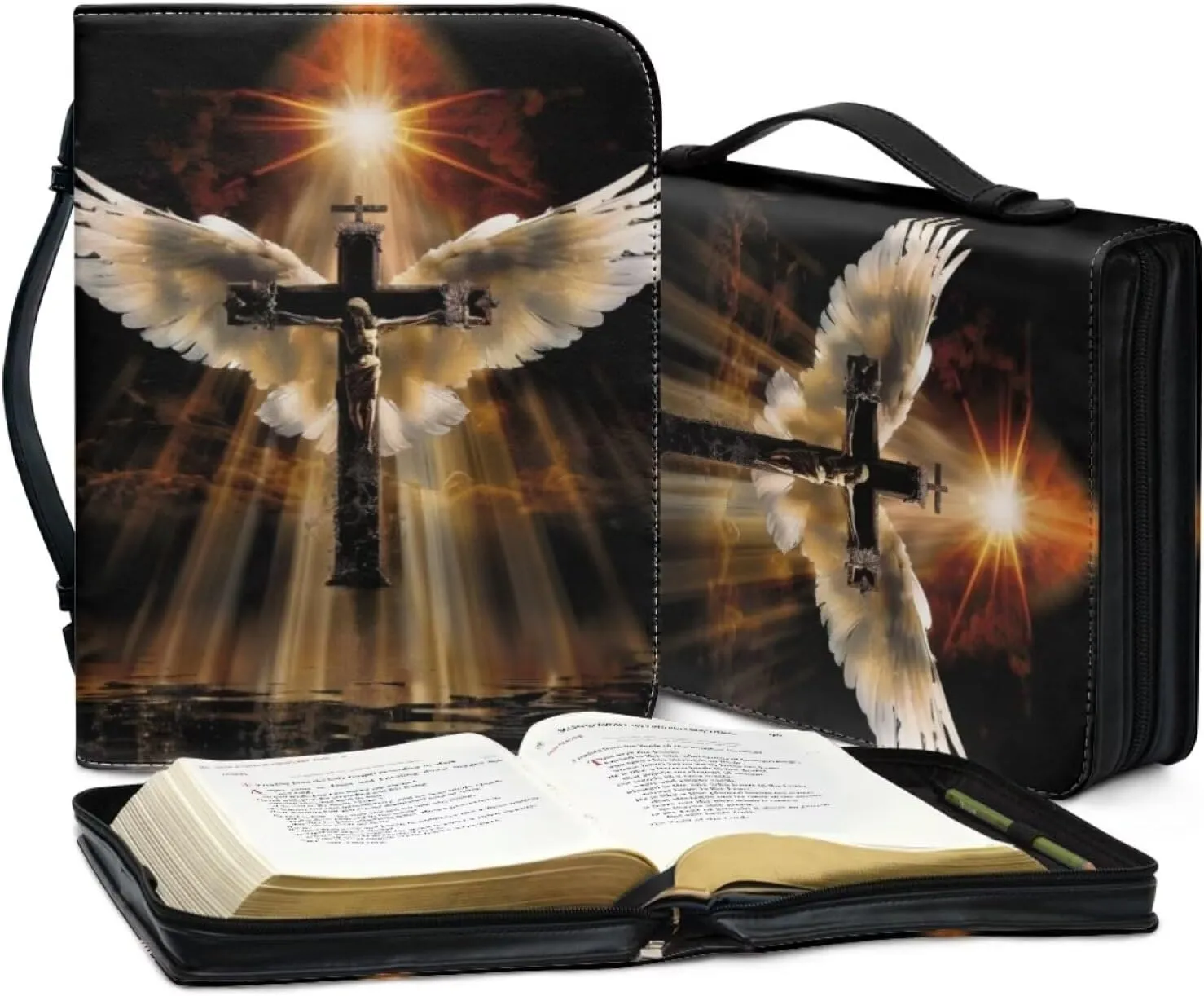 Leather Flower Bible Cover with Cross for Men Floral Bible Case for Boys Small Size with Angel Wings and Crosses Zippered Handle Bible Accessories Church Library Bag