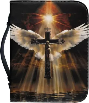 Leather Flower Bible Cover with Cross for Men Floral Bible Case for Boys Small Size with Angel Wings and Crosses Zippered Handle Bible Accessories Church Library Bag