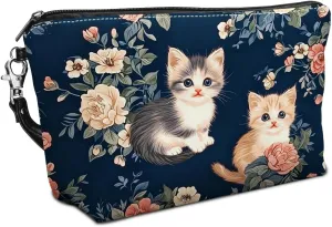 Leather Makeup Bag with Detachable Tape, Waterproof Portable Samll Cosmetic Bag Travel Accessories Organizer, Travel Toiletry Bag for Women Man, Cat Floral Make up Bag