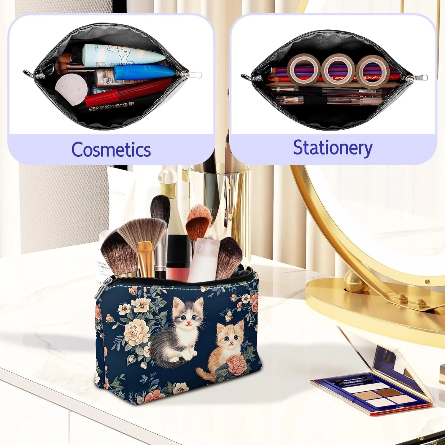 Leather Makeup Bag with Detachable Tape, Waterproof Portable Samll Cosmetic Bag Travel Accessories Organizer, Travel Toiletry Bag for Women Man, Cat Floral Make up Bag