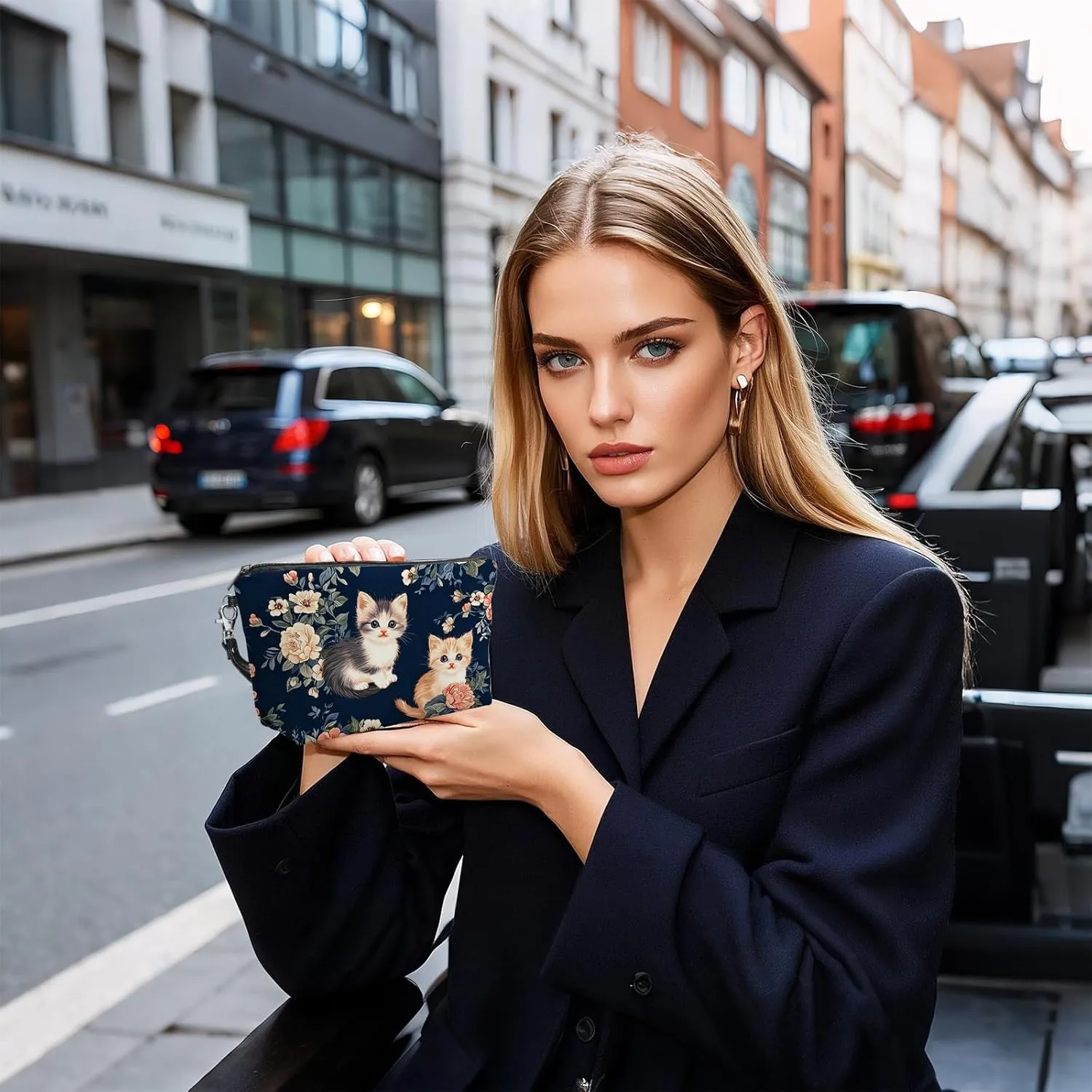 Leather Makeup Bag with Detachable Tape, Waterproof Portable Samll Cosmetic Bag Travel Accessories Organizer, Travel Toiletry Bag for Women Man, Cat Floral Make up Bag