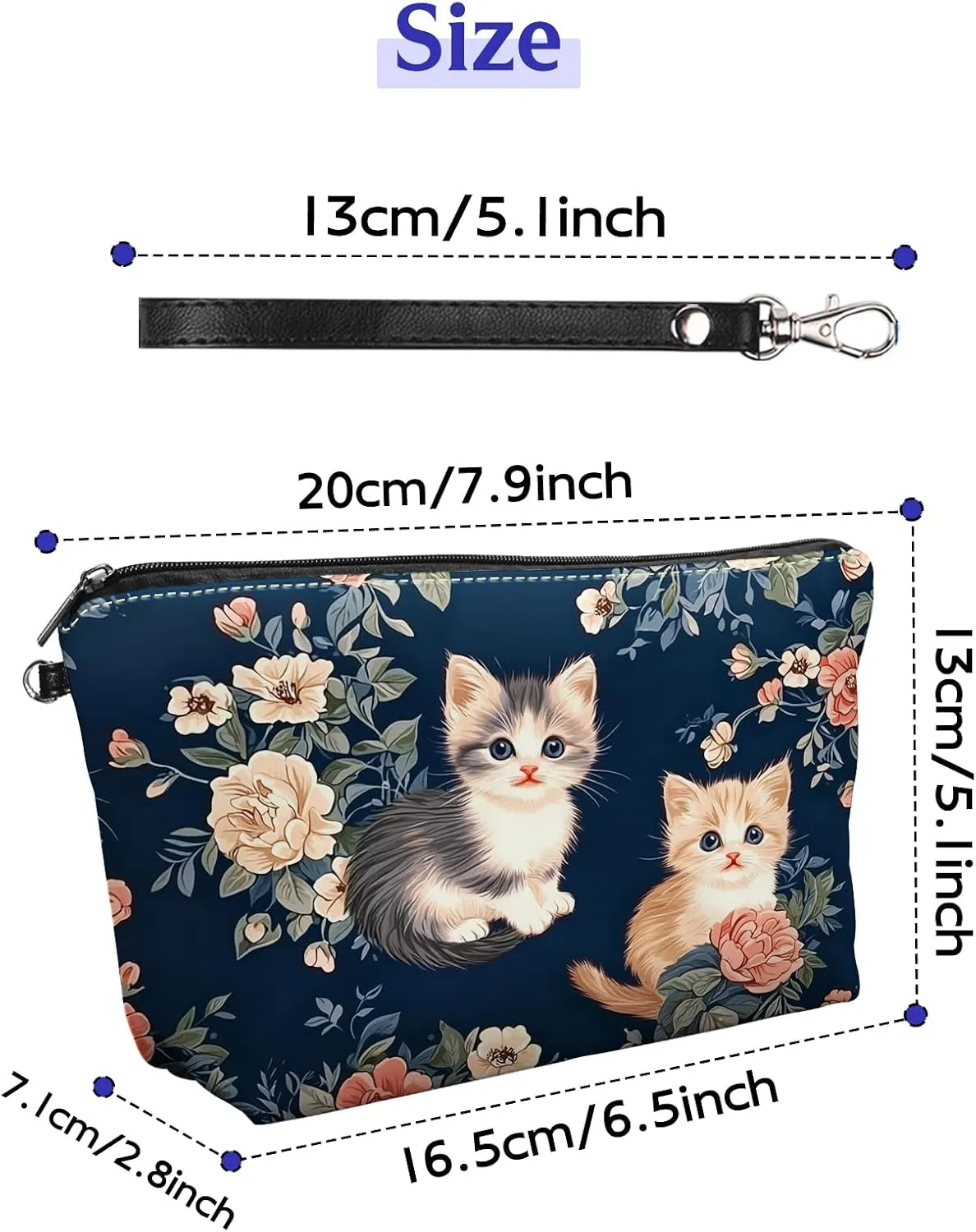 Leather Makeup Bag with Detachable Tape, Waterproof Portable Samll Cosmetic Bag Travel Accessories Organizer, Travel Toiletry Bag for Women Man, Cat Floral Make up Bag