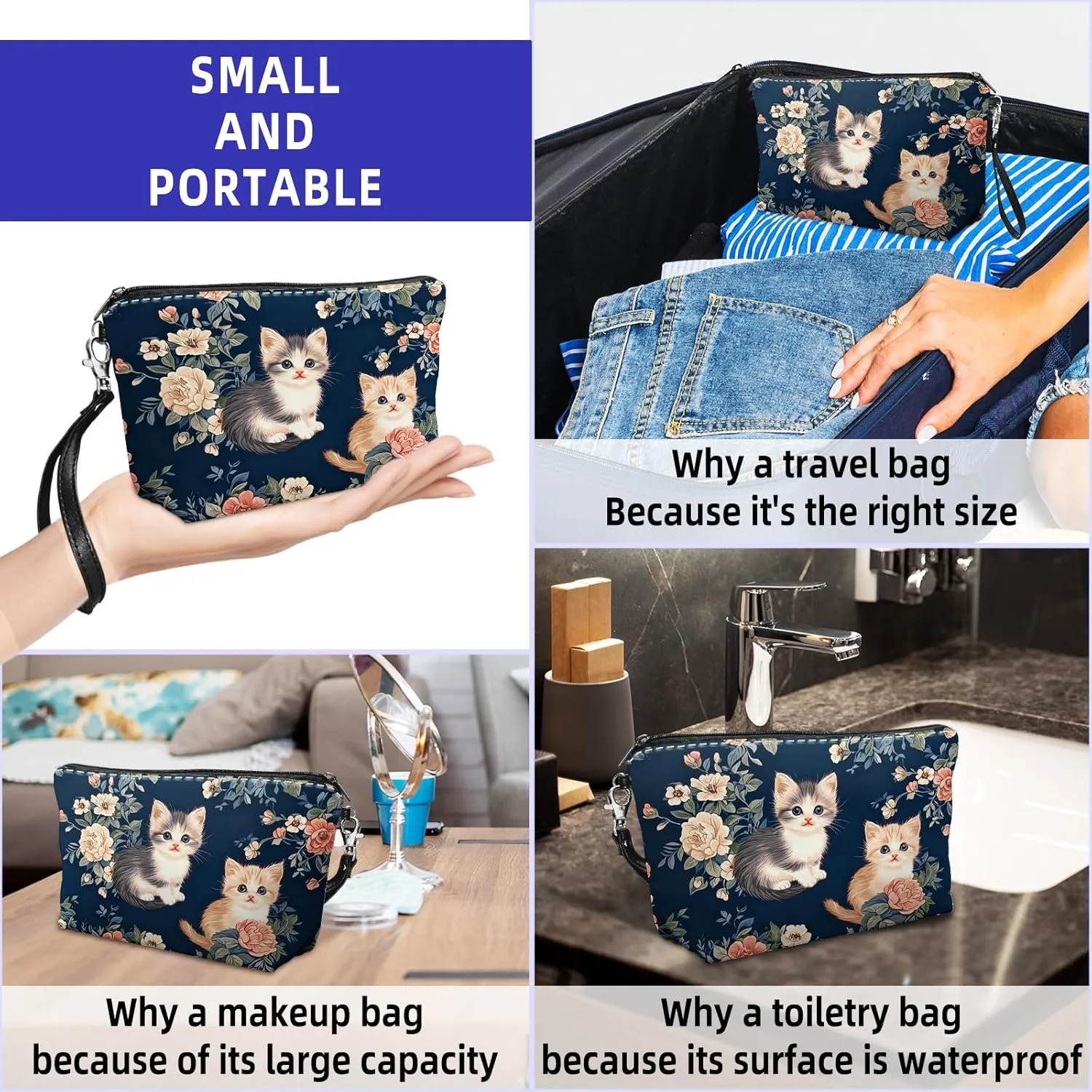 Leather Makeup Bag with Detachable Tape, Waterproof Portable Samll Cosmetic Bag Travel Accessories Organizer, Travel Toiletry Bag for Women Man, Cat Floral Make up Bag