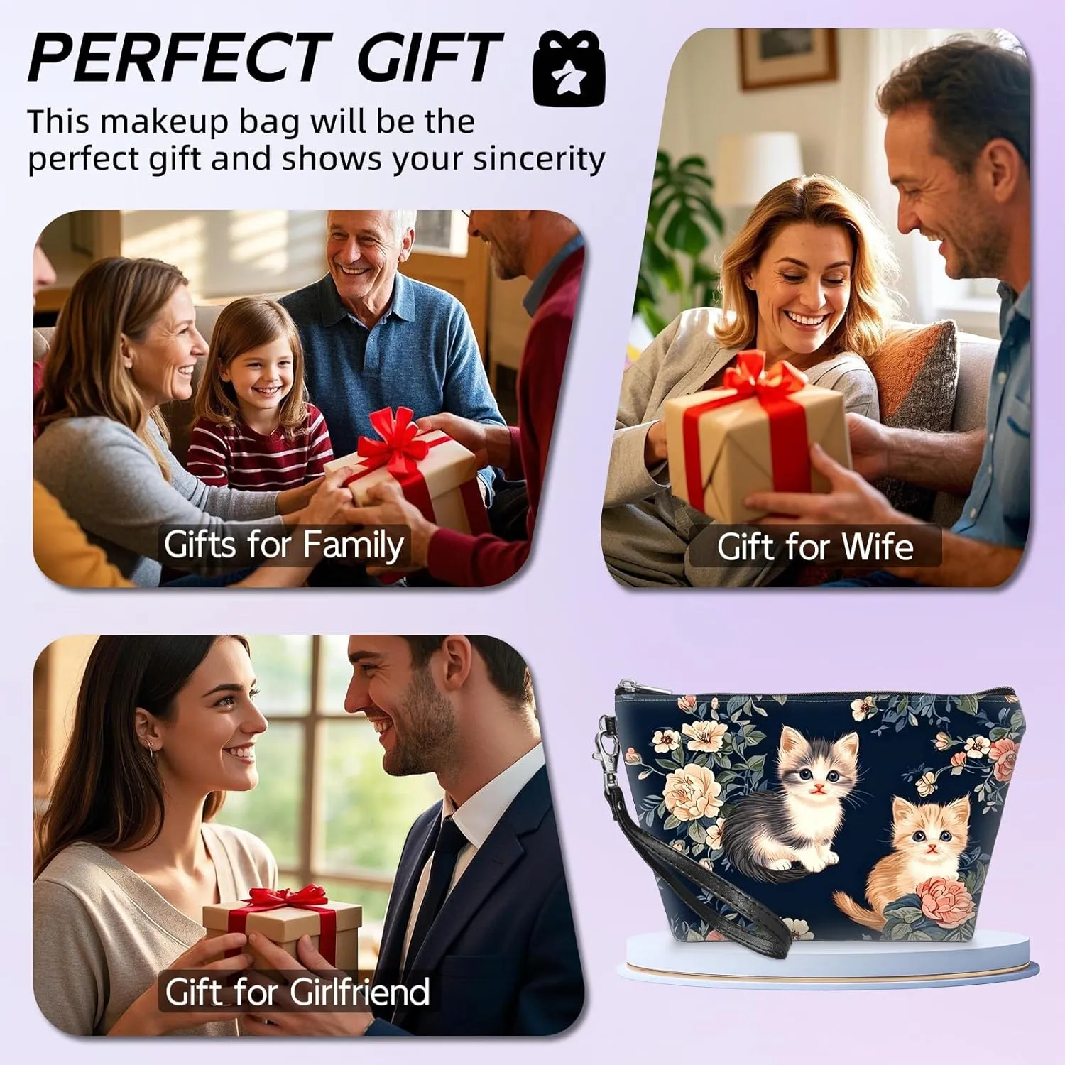 Leather Makeup Bag with Detachable Tape, Waterproof Portable Samll Cosmetic Bag Travel Accessories Organizer, Travel Toiletry Bag for Women Man, Cat Floral Make up Bag