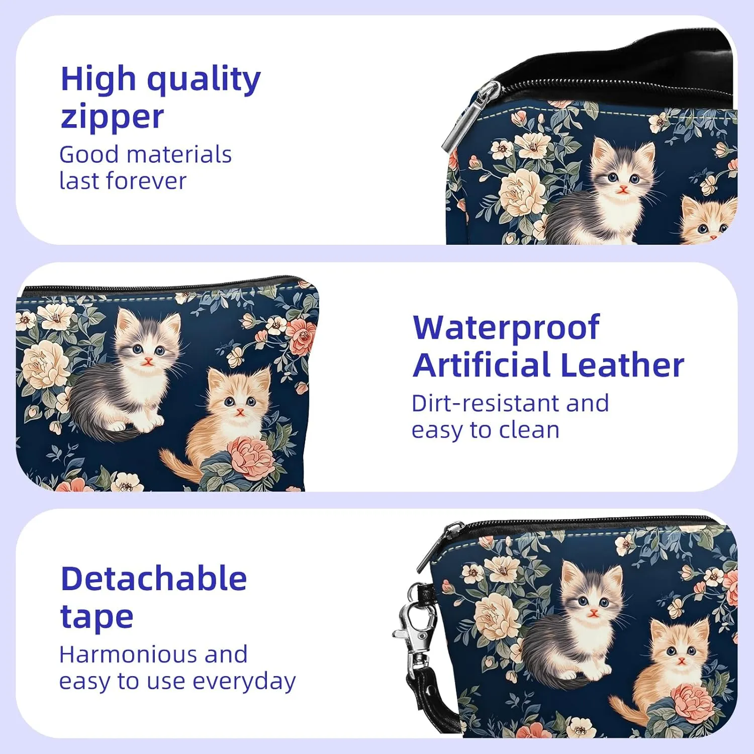 Leather Makeup Bag with Detachable Tape, Waterproof Portable Samll Cosmetic Bag Travel Accessories Organizer, Travel Toiletry Bag for Women Man, Cat Floral Make up Bag