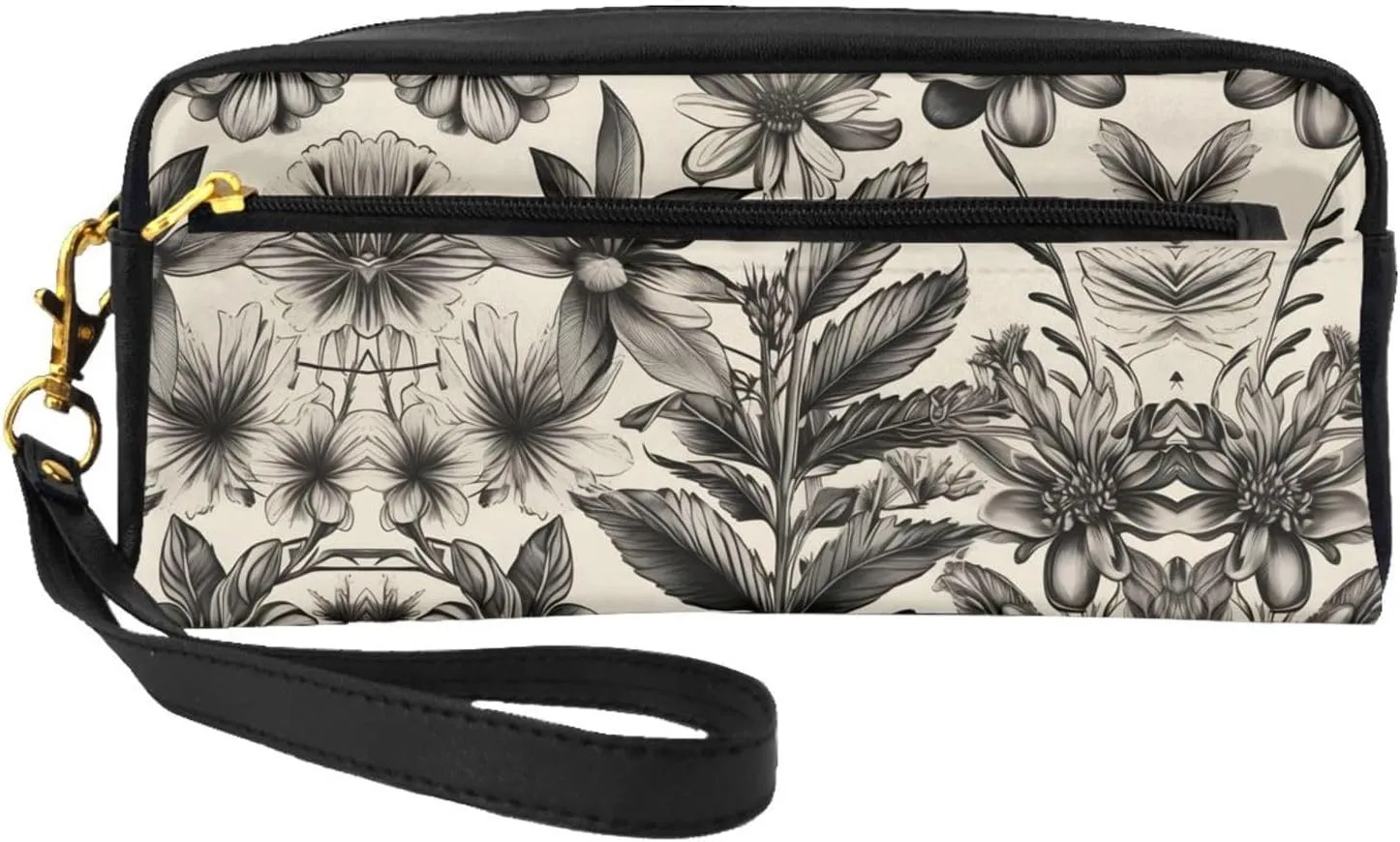 Leather Small Makeup Bag â€“ Floral Herbs Botanical Pattern Print Travel Toiletry Bag, Cosmetic Accessories Organizer for Business Trips