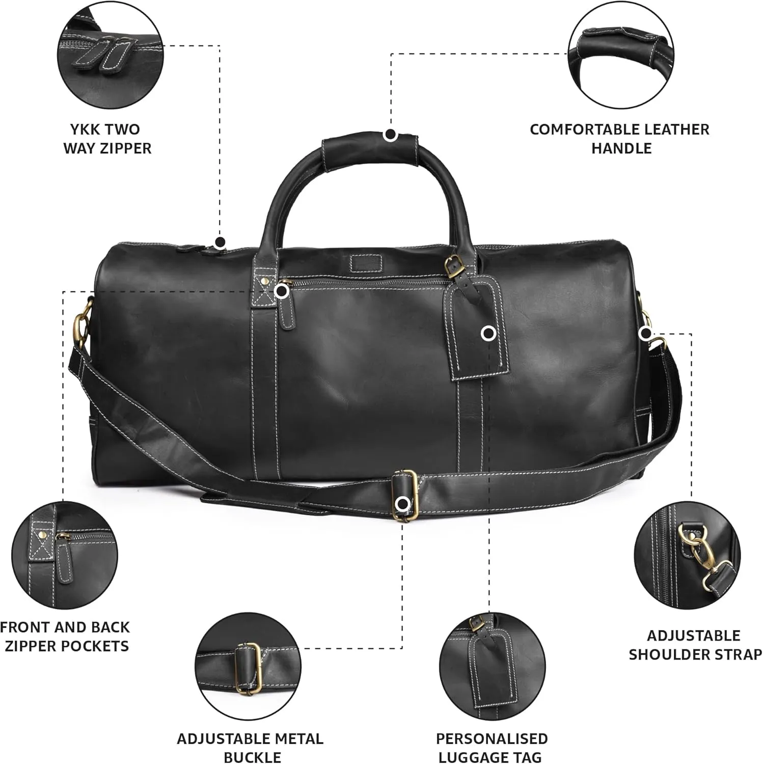 Leather Village Leather Duffle Bags for Men & Women-Stylish Travel Weekender Carry-On Sports Gym Overnight Luggage Bag - 20 Inch - Black
