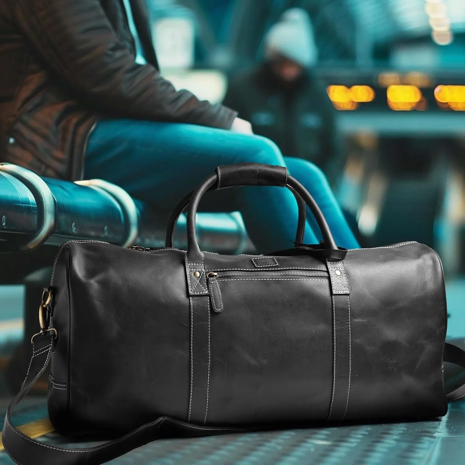Leather Village Leather Duffle Bags for Men & Women-Stylish Travel Weekender Carry-On Sports Gym Overnight Luggage Bag - 20 Inch - Black