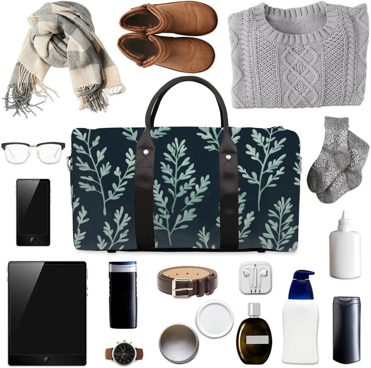 Leaves Plants Travel Duffle Bag for Women Men Gym Duffel Foldable Bag Waterproof Weekender Sage Green Duffle Tote