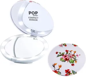 LED Compact Mirror - White Floral | Portable Makeup Mirror - 5" Foldable - 1X & 5X Lighted Magnifying Mirror