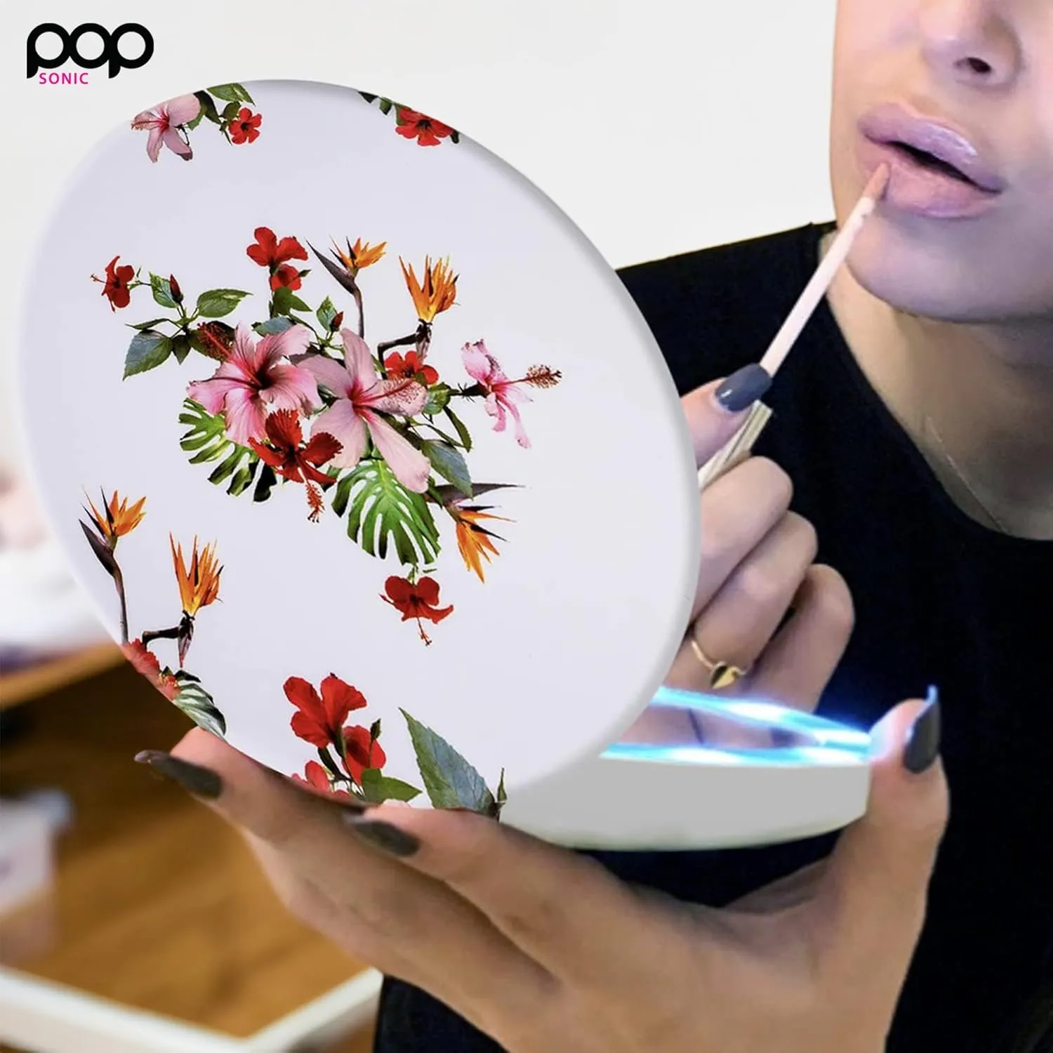 LED Compact Mirror - White Floral | Portable Makeup Mirror - 5" Foldable - 1X & 5X Lighted Magnifying Mirror
