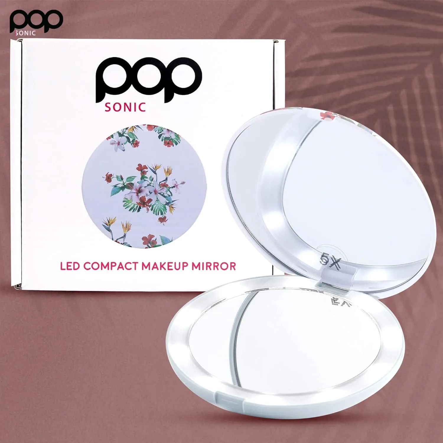LED Compact Mirror - White Floral | Portable Makeup Mirror - 5" Foldable - 1X & 5X Lighted Magnifying Mirror