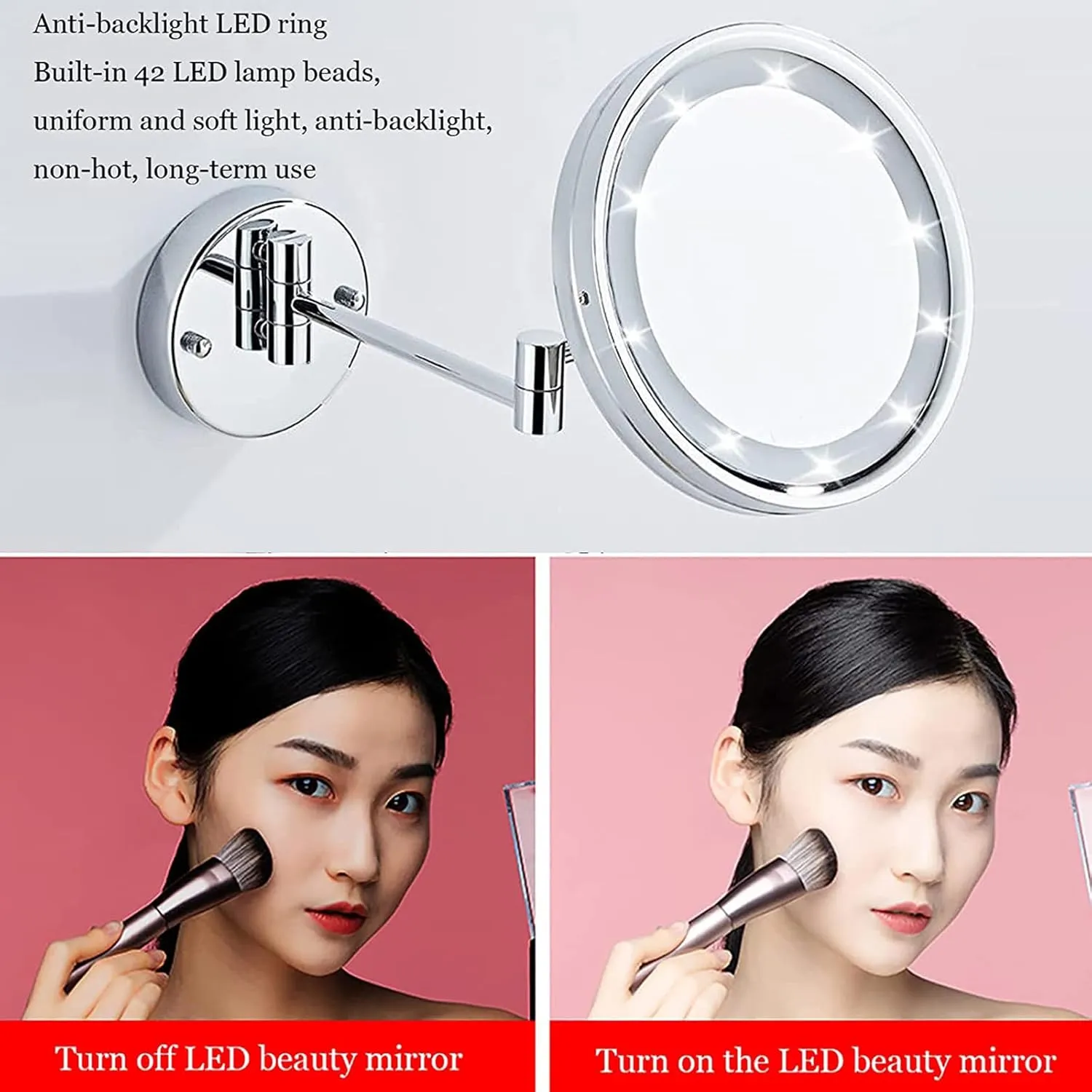 LED Makeup Mirror with Lights and 10X Magnification,Double Sided Wall Mounted 360° Swivel Extendable Vanity Mirror(Nickel Plug in)