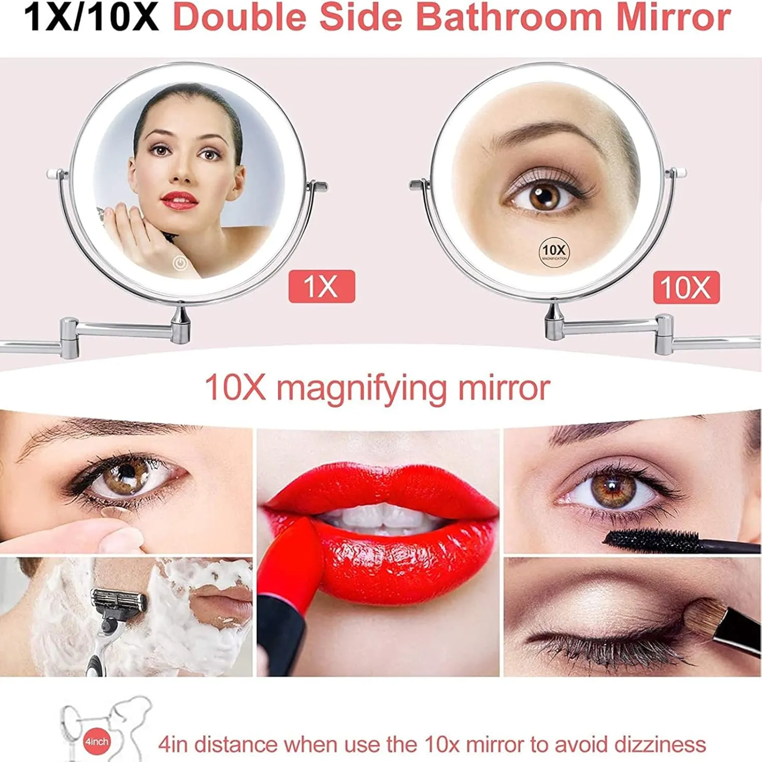 LED Makeup Mirror with Lights and 10X Magnification,Double Sided Wall Mounted 360° Swivel Extendable Vanity Mirror(Nickel Plug in)