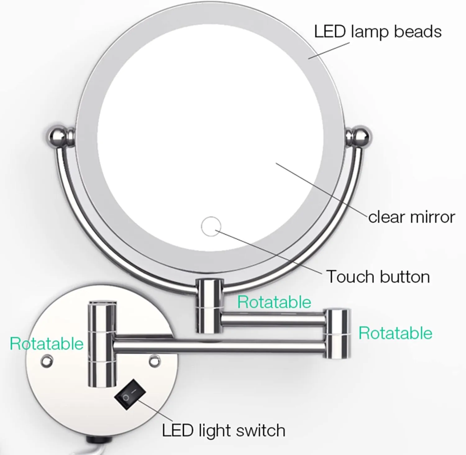 LED Makeup Mirror with Lights and 10X Magnification,Double Sided Wall Mounted 360° Swivel Extendable Vanity Mirror(Nickel Plug in)