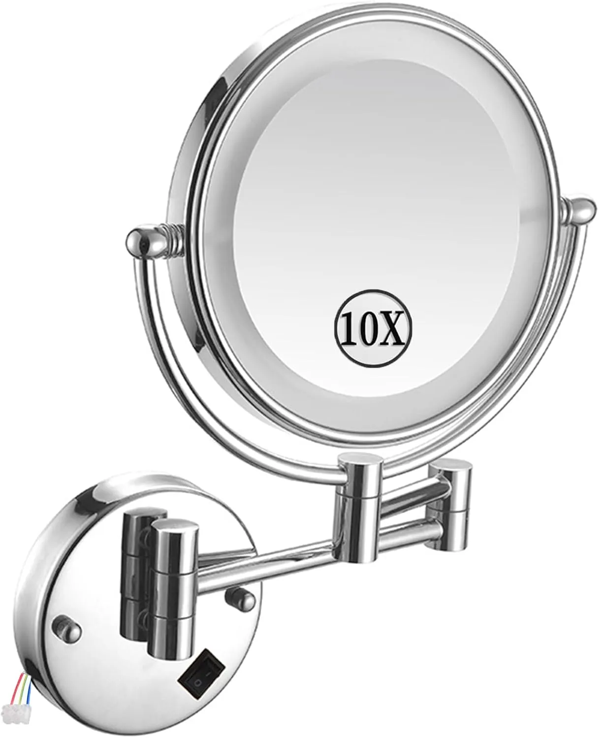 LED Makeup Mirror with Lights, Double Sided 1X/10X Magnifying Mirror, Chrome Hardwired Wall Mounted 360° Swivel Extendable Bathroom Vanity Mirror