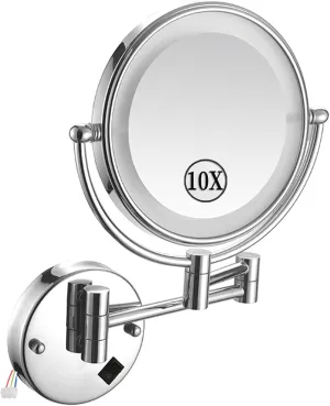 LED Makeup Mirror with Lights, Double Sided 1X/10X Magnifying Mirror, Chrome Hardwired Wall Mounted 360° Swivel Extendable Bathroom Vanity Mirror