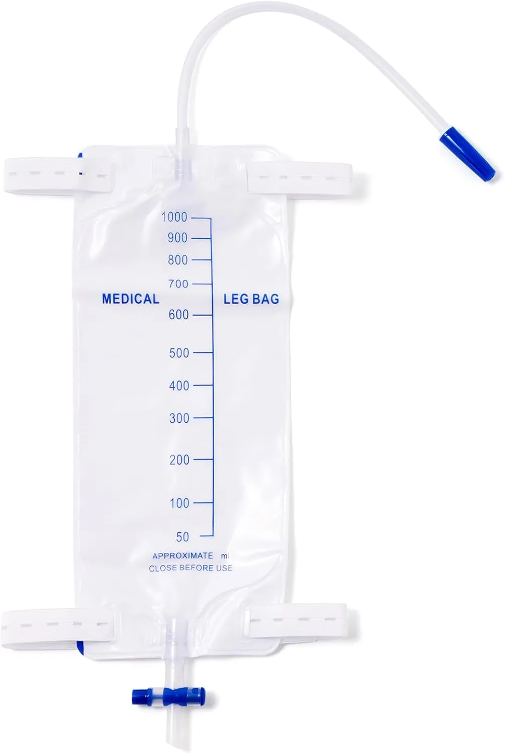 Leg Bag Urinary Drainage Bag, 1000ml, Anti-Reflux Valve, Cloth Straps, Easy Flip Drain (Pack of 5)