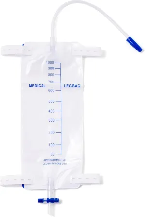 Leg Bag Urinary Drainage Bag, 1000ml, Anti-Reflux Valve, Cloth Straps, Easy Flip Drain (Pack of 5)