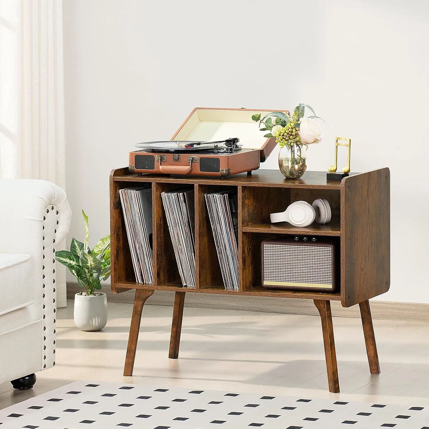 Lerliuo Record Player Stand with 4 Cabinet Holds Up to 220 Albums, Large Turntable Stand with Beech Wood Legs, Mid-Century Record Player Table,Brown Vinyl Holder Storage Shelf for Bedroom Living Room