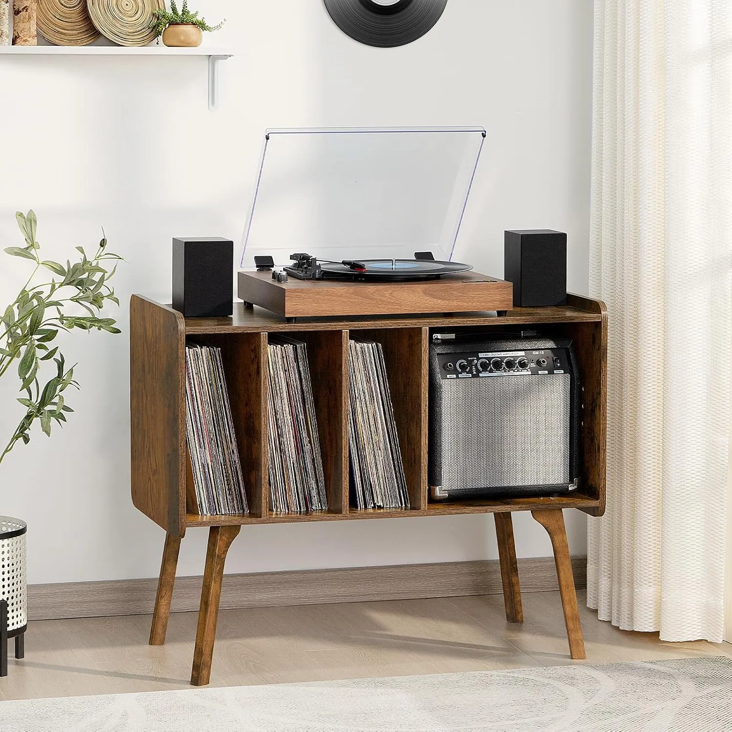 Lerliuo Record Player Stand with 4 Cabinet Holds Up to 220 Albums, Large Turntable Stand with Beech Wood Legs, Mid-Century Record Player Table,Brown Vinyl Holder Storage Shelf for Bedroom Living Room