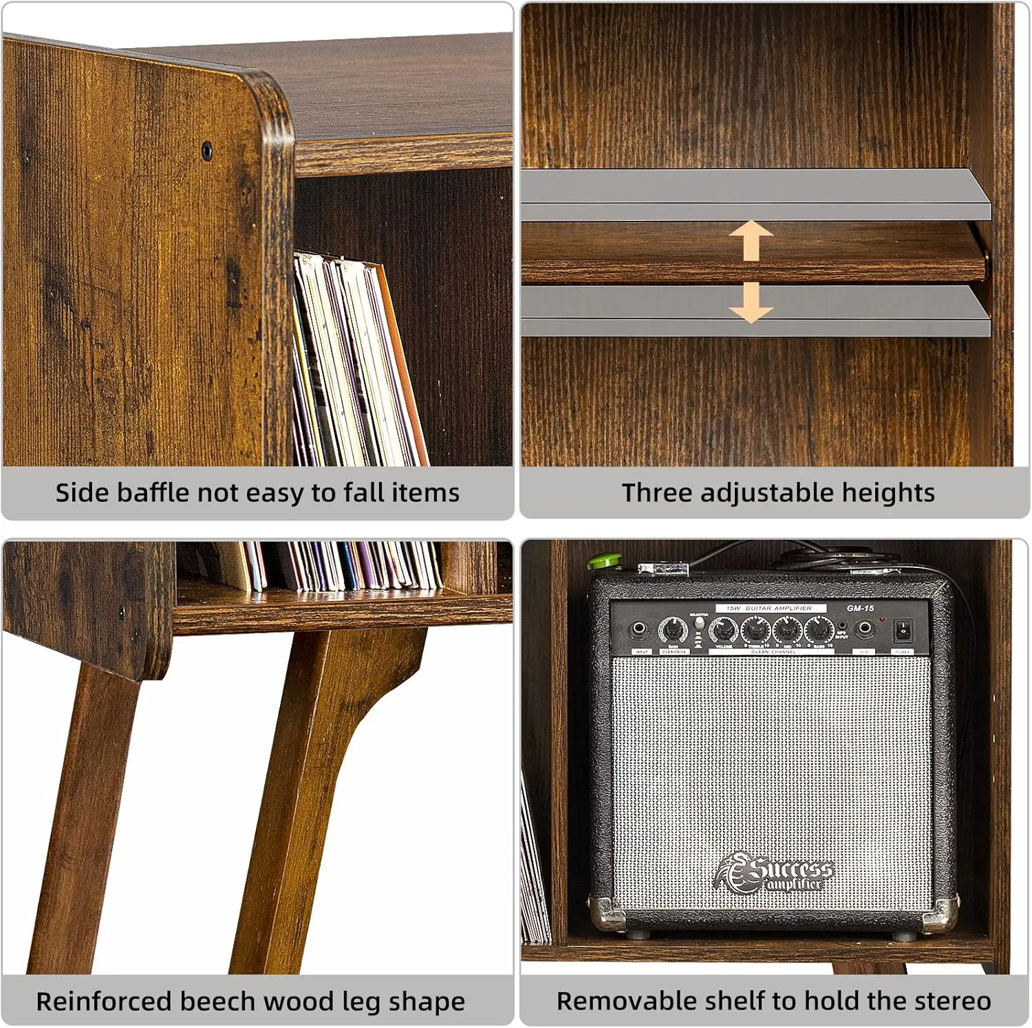 Lerliuo Record Player Stand with 4 Cabinet Holds Up to 220 Albums, Large Turntable Stand with Beech Wood Legs, Mid-Century Record Player Table,Brown Vinyl Holder Storage Shelf for Bedroom Living Room