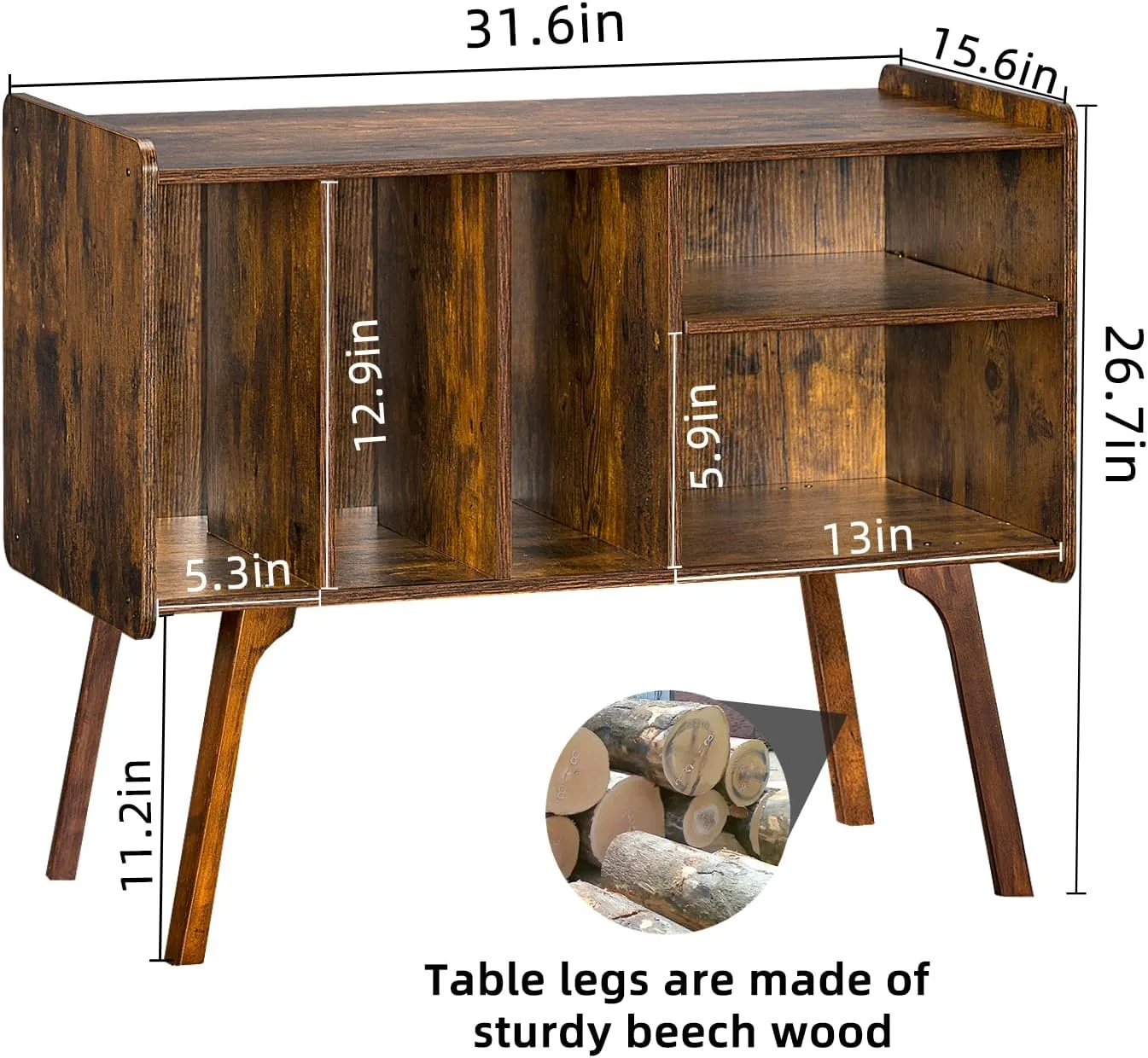 Lerliuo Record Player Stand with 4 Cabinet Holds Up to 220 Albums, Large Turntable Stand with Beech Wood Legs, Mid-Century Record Player Table,Brown Vinyl Holder Storage Shelf for Bedroom Living Room